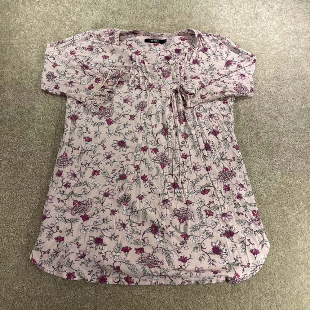 Lauren Ralph Lauren Knit Top Womens Medium Pink Floral Pintuck Henley 3/4 Sleeve